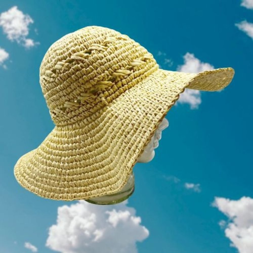 Tan Straw Crochet Wide Brim Sun Hat